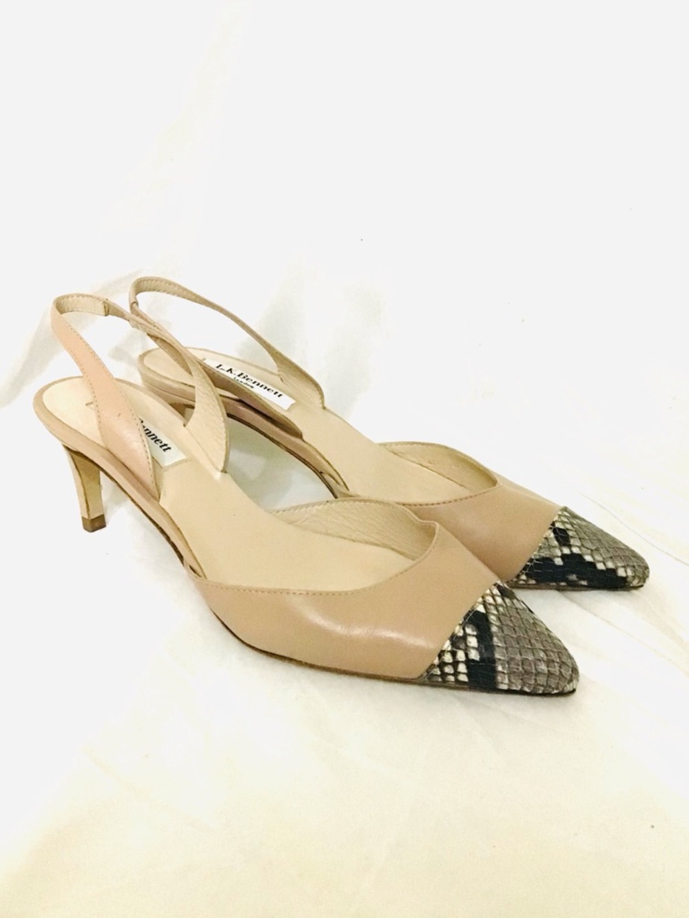LK Bennett Beige Slingback Kitten Heels with Snake-Print Toe